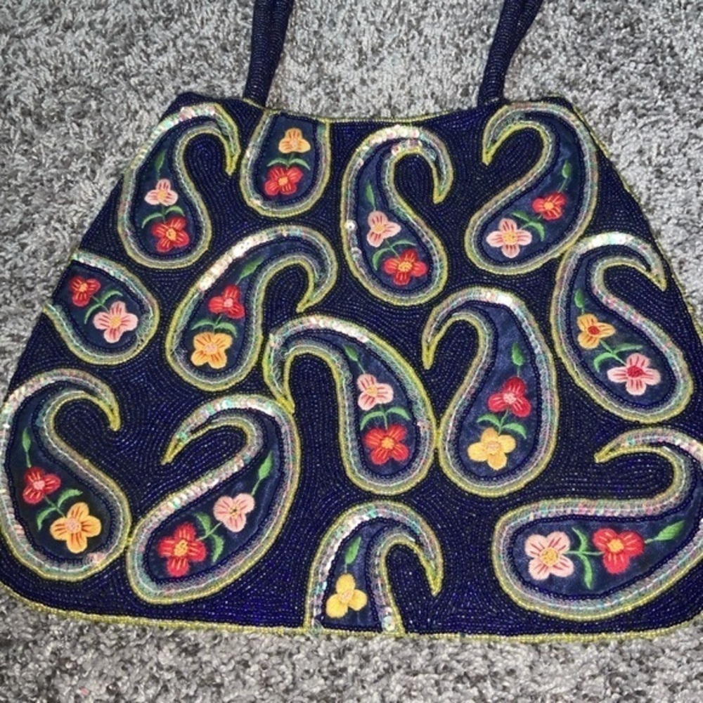 Unique/Rare Vintage Navy Beaded/Sequin/Embroidered Floral Paisley Shoulder Bag - Picture 4 of 14